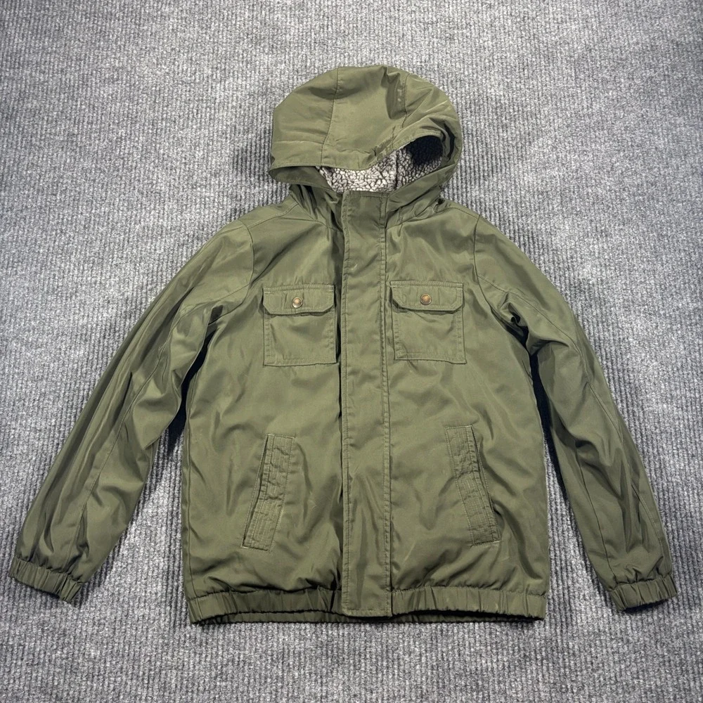 Abercrombie Kids Hooded Jacket Kids Size 11/12 Olive Green Sherpa Lined 232J1067